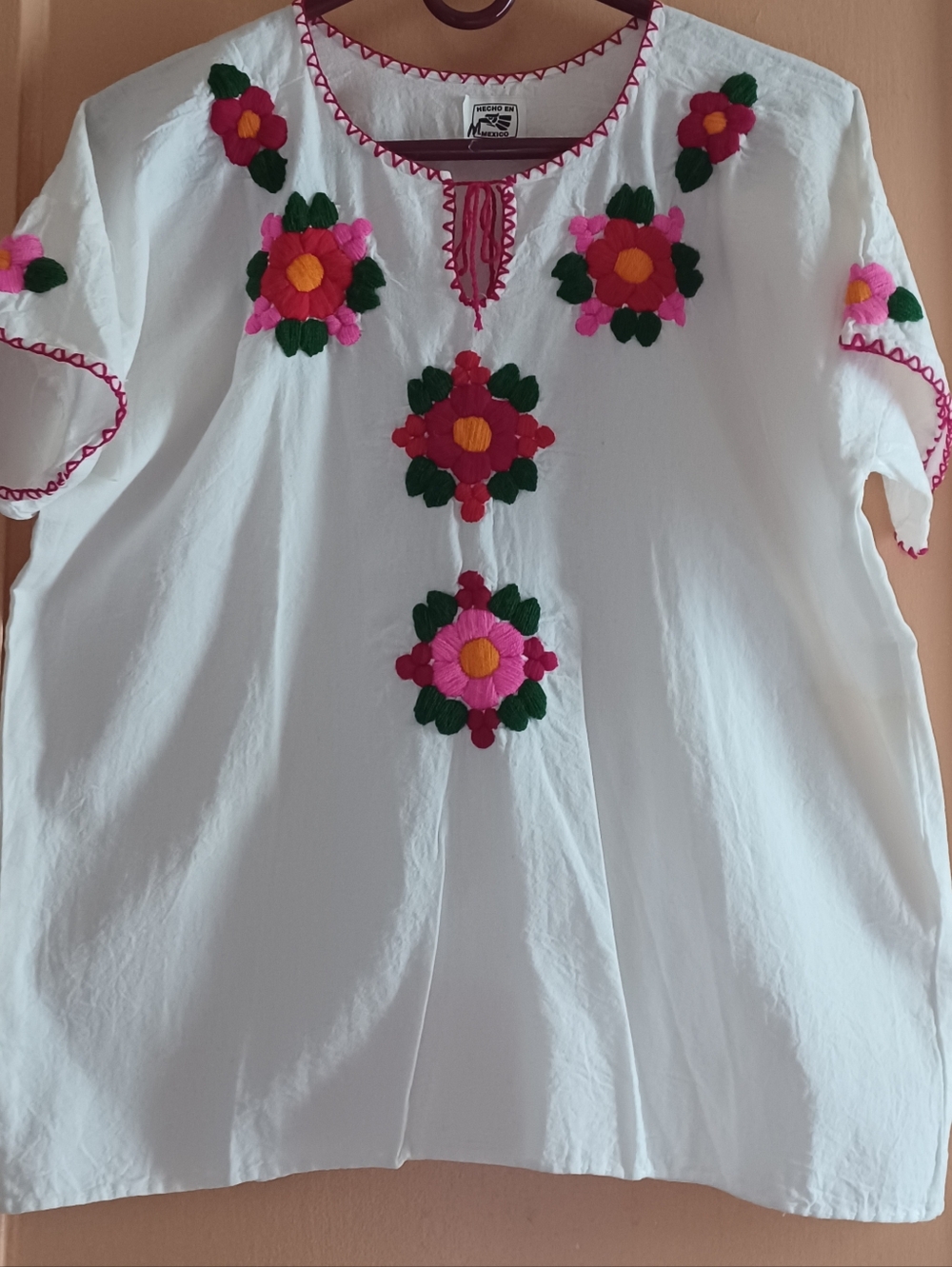 Mexican Embroidered White Women’s Top with Pink & Red Floral Detail